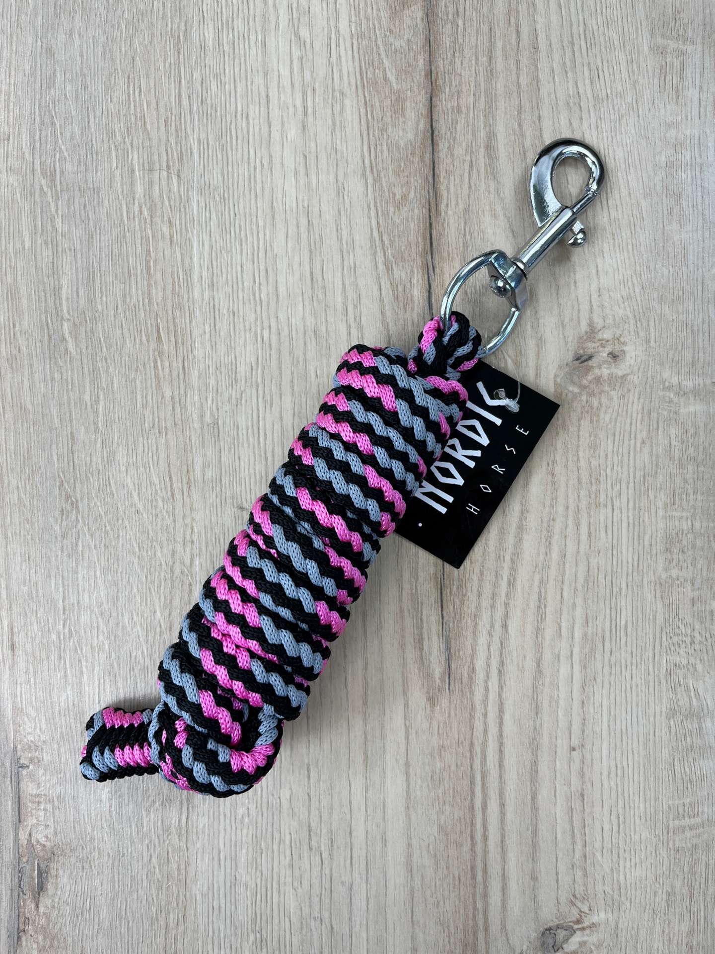 IMG_5815 Nordic Horse Führstrick pink-grau-schwarz, Anbindestrick mit silbernem Karabiner