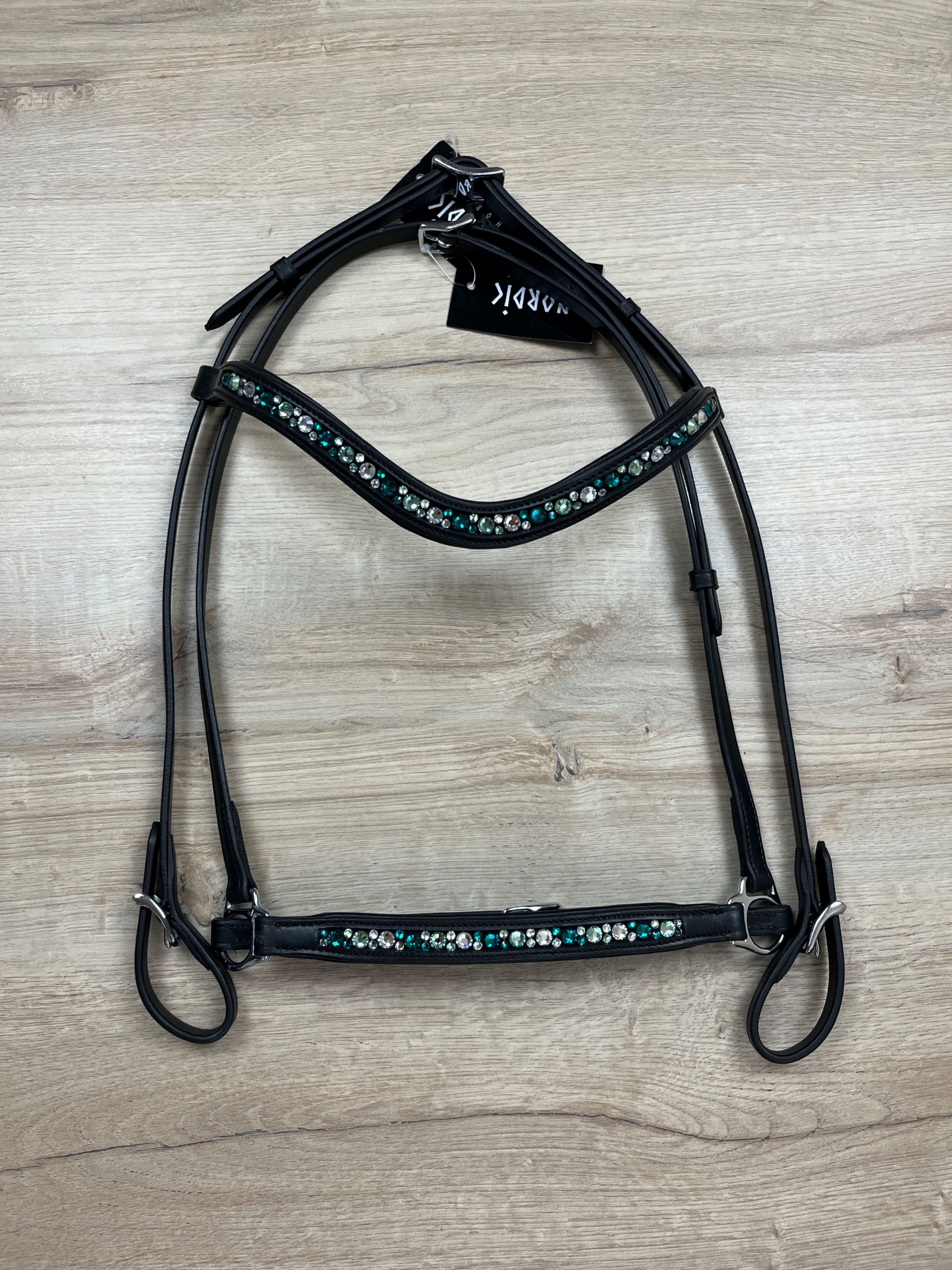 Nordic Horse Trense komplett grün, klare u. dunkle Steine, hannov. Reithalfter