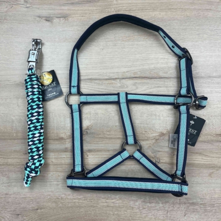 Halfter Equest Uno Plus Island blue, navy unterlegt & mit Dornschnalle black finish mit Führstrick Panikhaken black finish (Kopie)