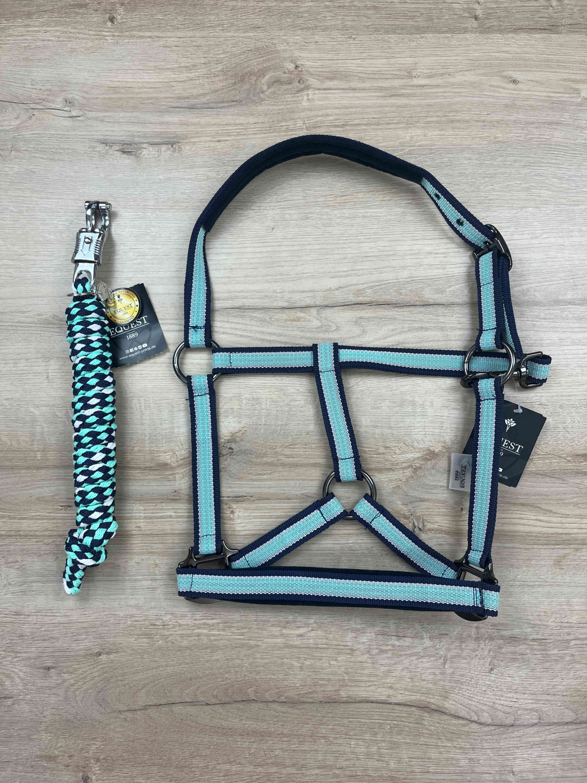 IMG_0740 Halfter Equest Uno Plus Island blue, navy unterlegt & mit Dornschnalle black finish mit Führstrick Panikhaken black finish