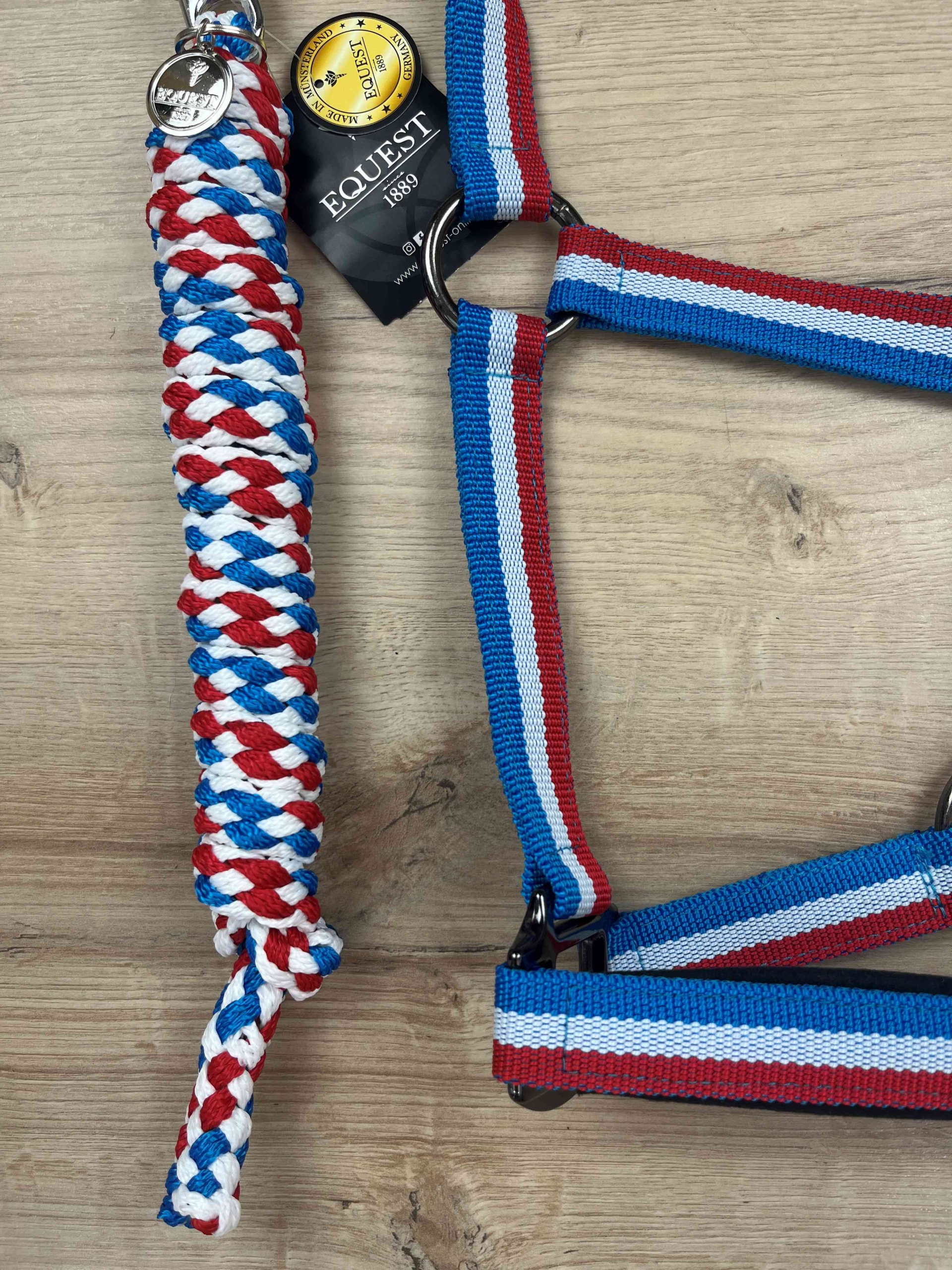 Halfter Equest Uno Plus Island , antrazith unterlegt & mit Dornschnalle black finish mit Führstrick Panikhaken black finish