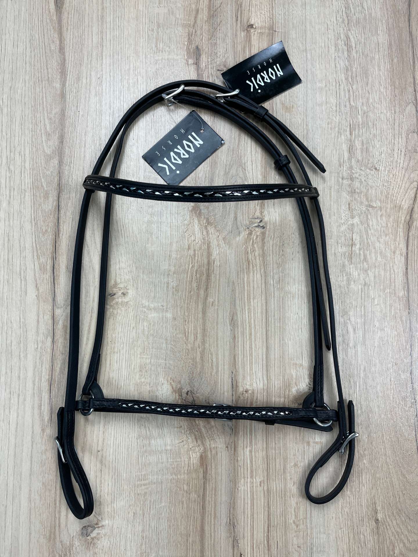 Nordic Horse Trense komplett schwarz-silber geflochten zierlich, hann. Reithalfter